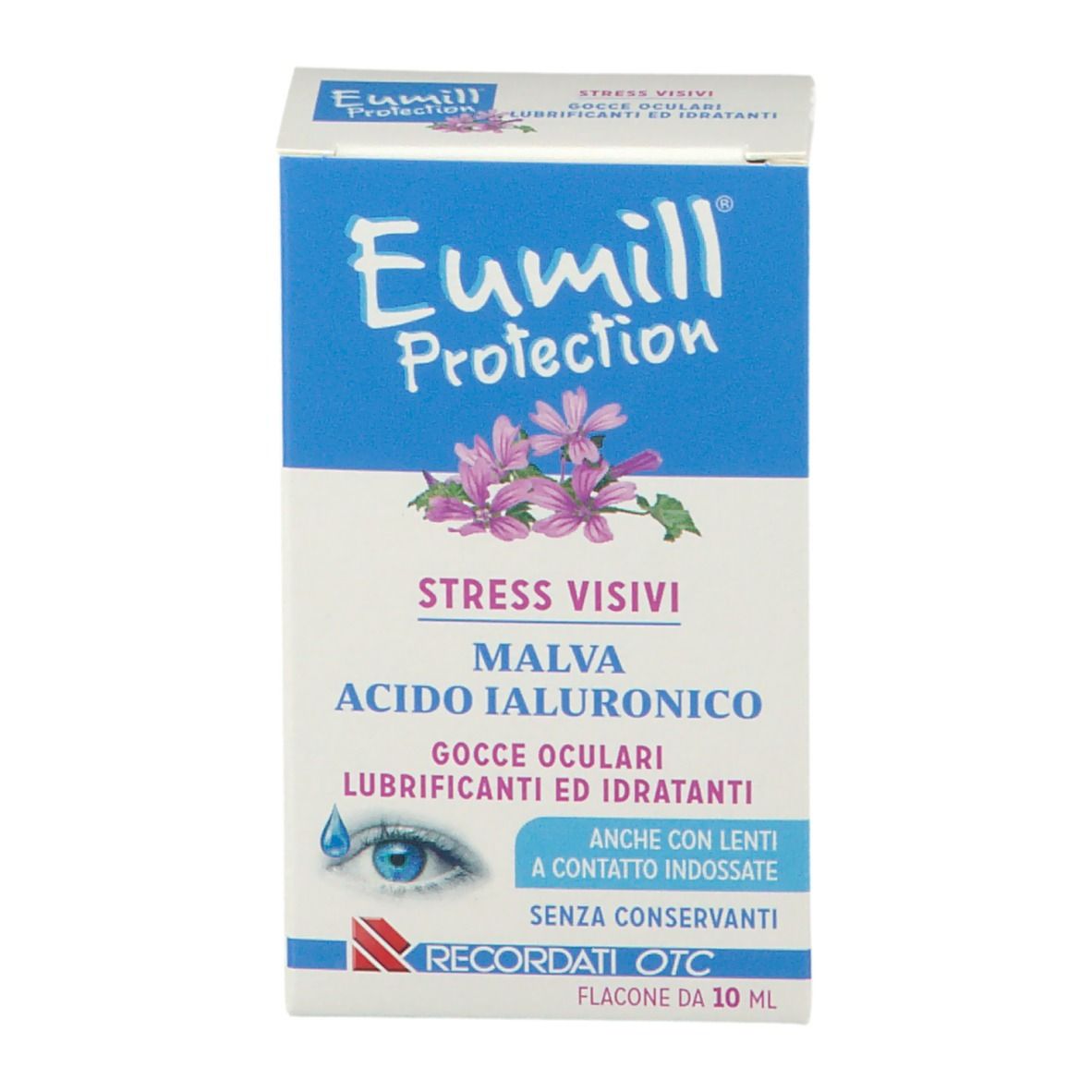 Confezione di gocce oculari. Scritta: Eumill Protection, Malva, Acido Ialuronico, Stress Visivi.
