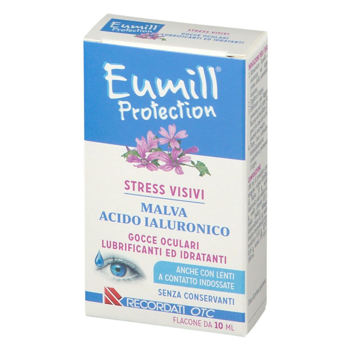 Confezione di gocce oculari. Scritta: Eumill Protection, Malva, Acido Ialuronico, Stress Visivi.