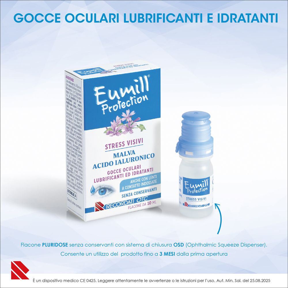 Eumill Protection Augenflüssigkeit-Verpackung und Fläschchen mit blauem Verschluss, auf blau-weißem Hintergrund.
