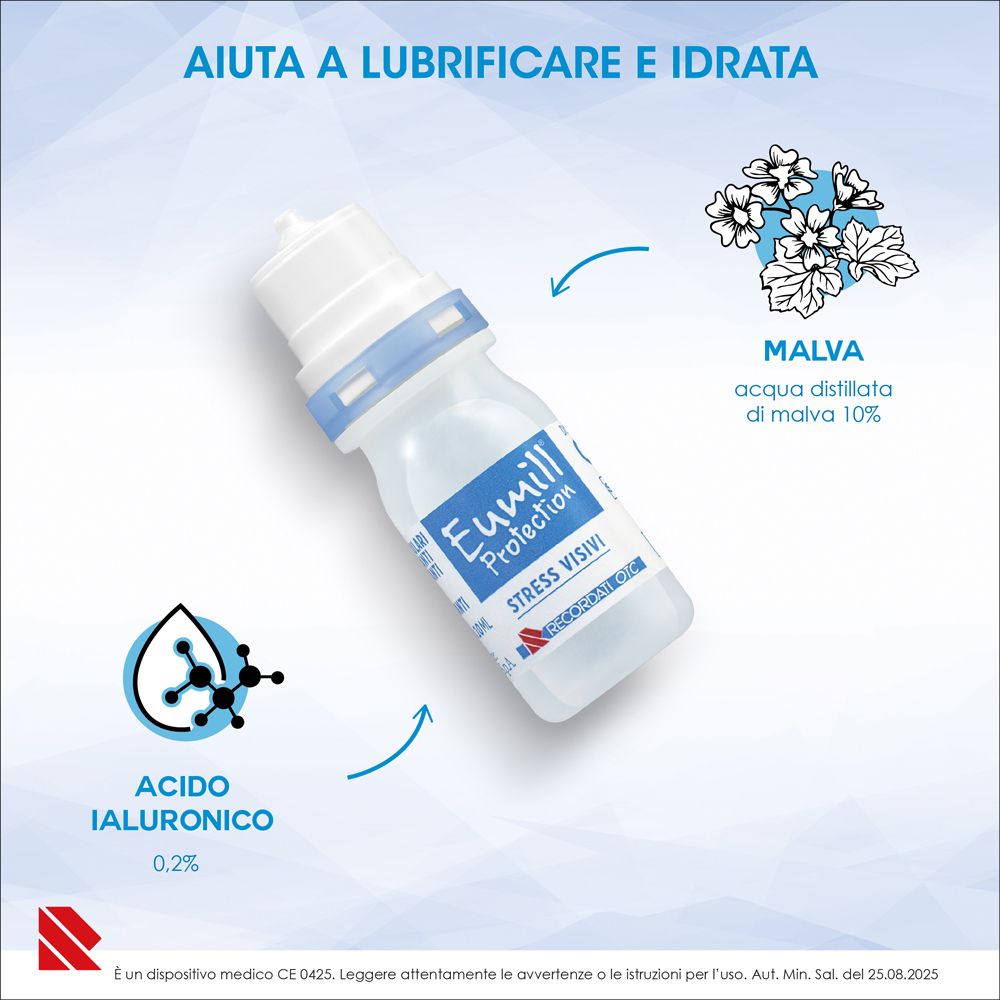 Eumill Protection Augenflüssigkeit-Fläschchen mit Malven- und Hyaluronsäure-Symbolen.