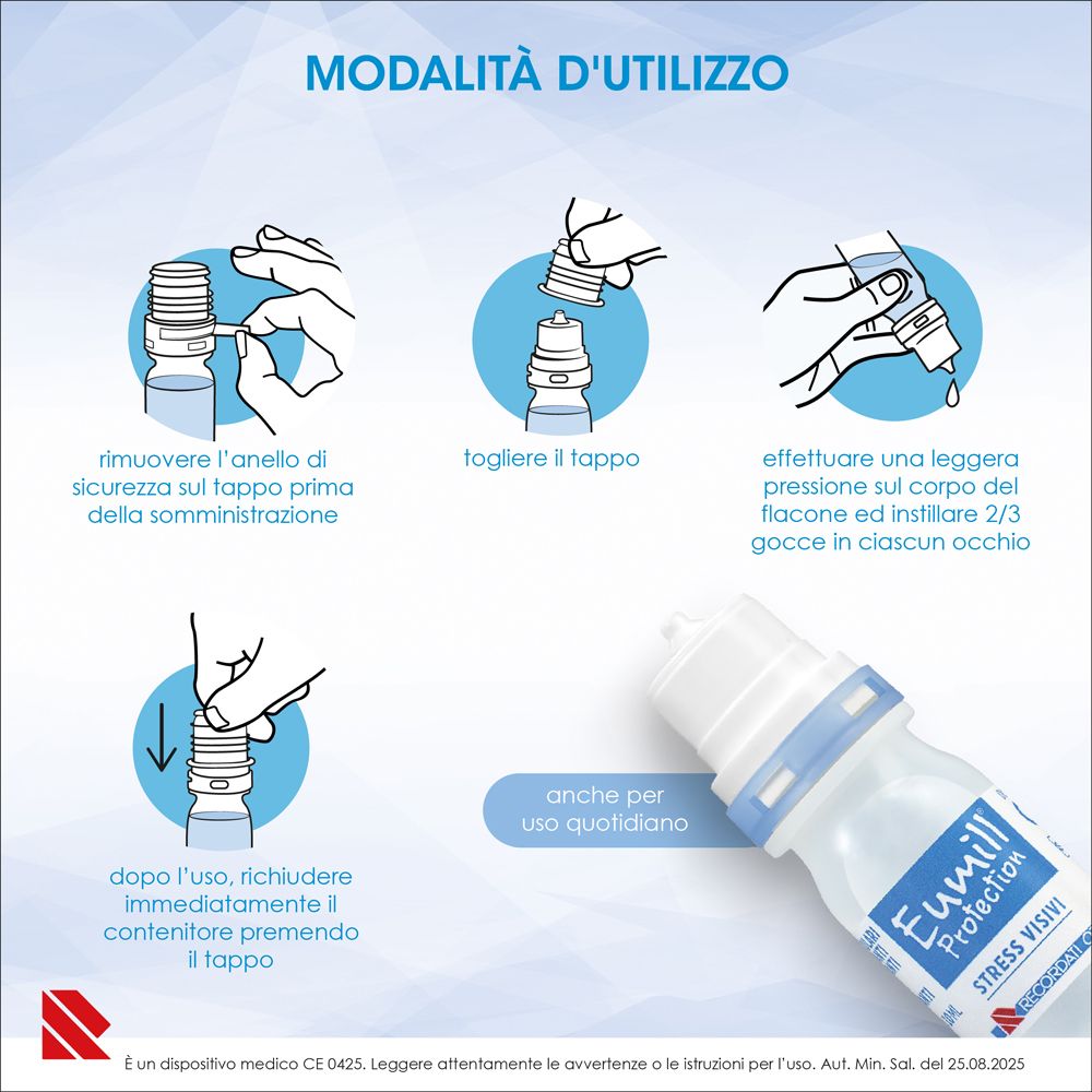 Anleitung zur Anwendung von Eumill Protection Augenflüssigkeit mit Fläschchen.