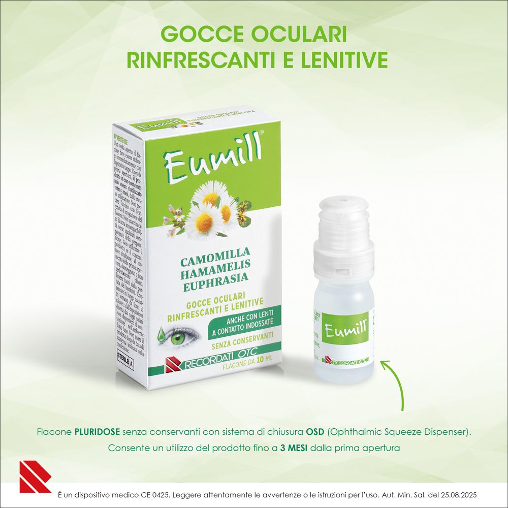 Eumill® Gocce Oculari Pluridose Verpackung und 10 ml Flasche. Ohne Konservierungsstoffe.