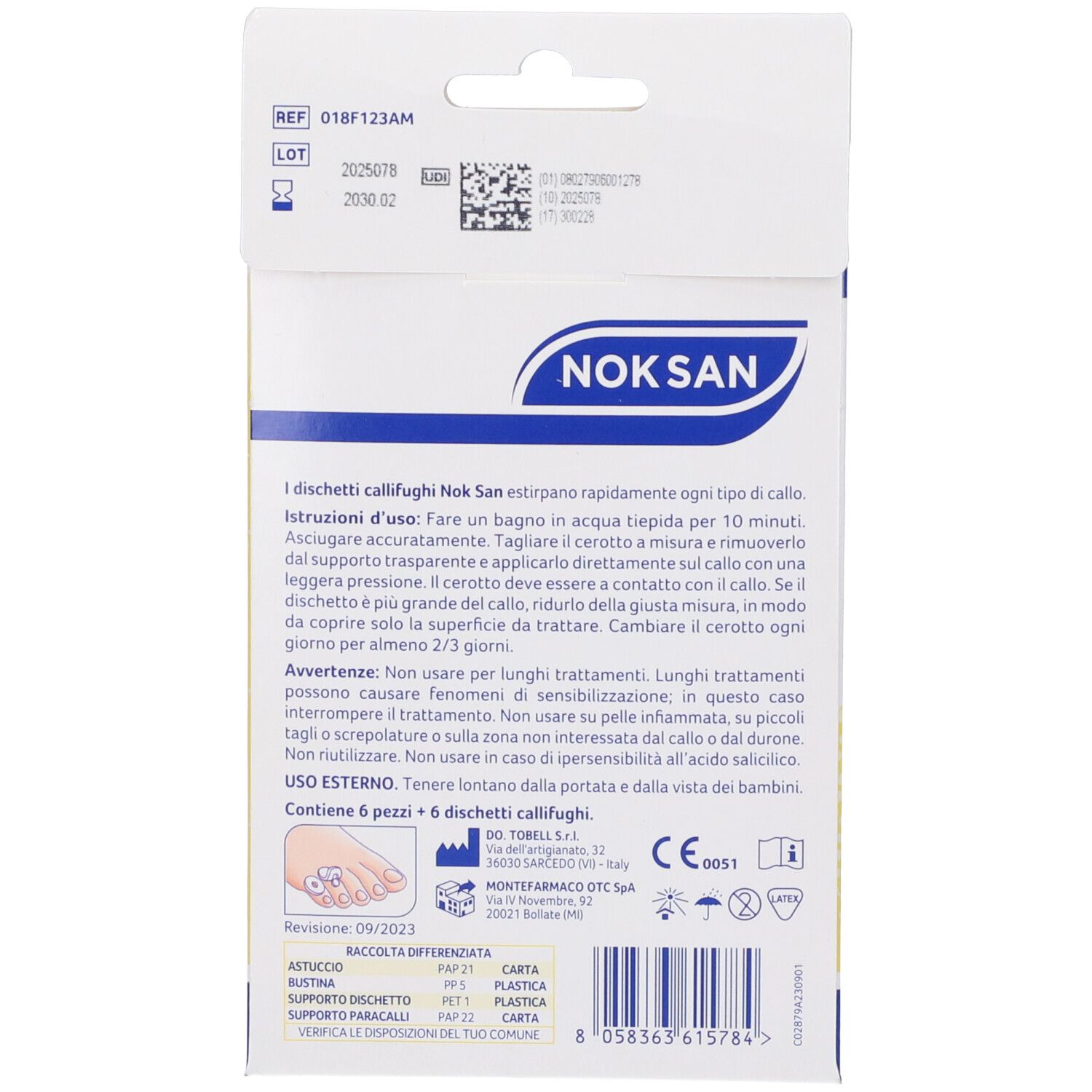 Verpackung von Nok San Hühneraugenpflastern. Enthält 6 Pflaster und 6 Schutzringe. Gelbe und weiße Verpackung.