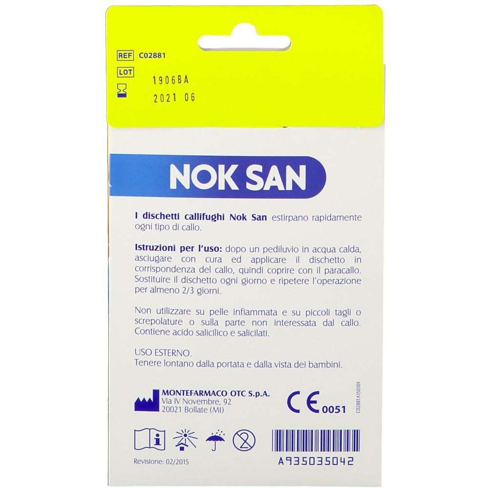 Retro della confezione Nok San Dischetti Callifughi. Contiene informazioni testuali e marchio CE. Con istruzioni.
