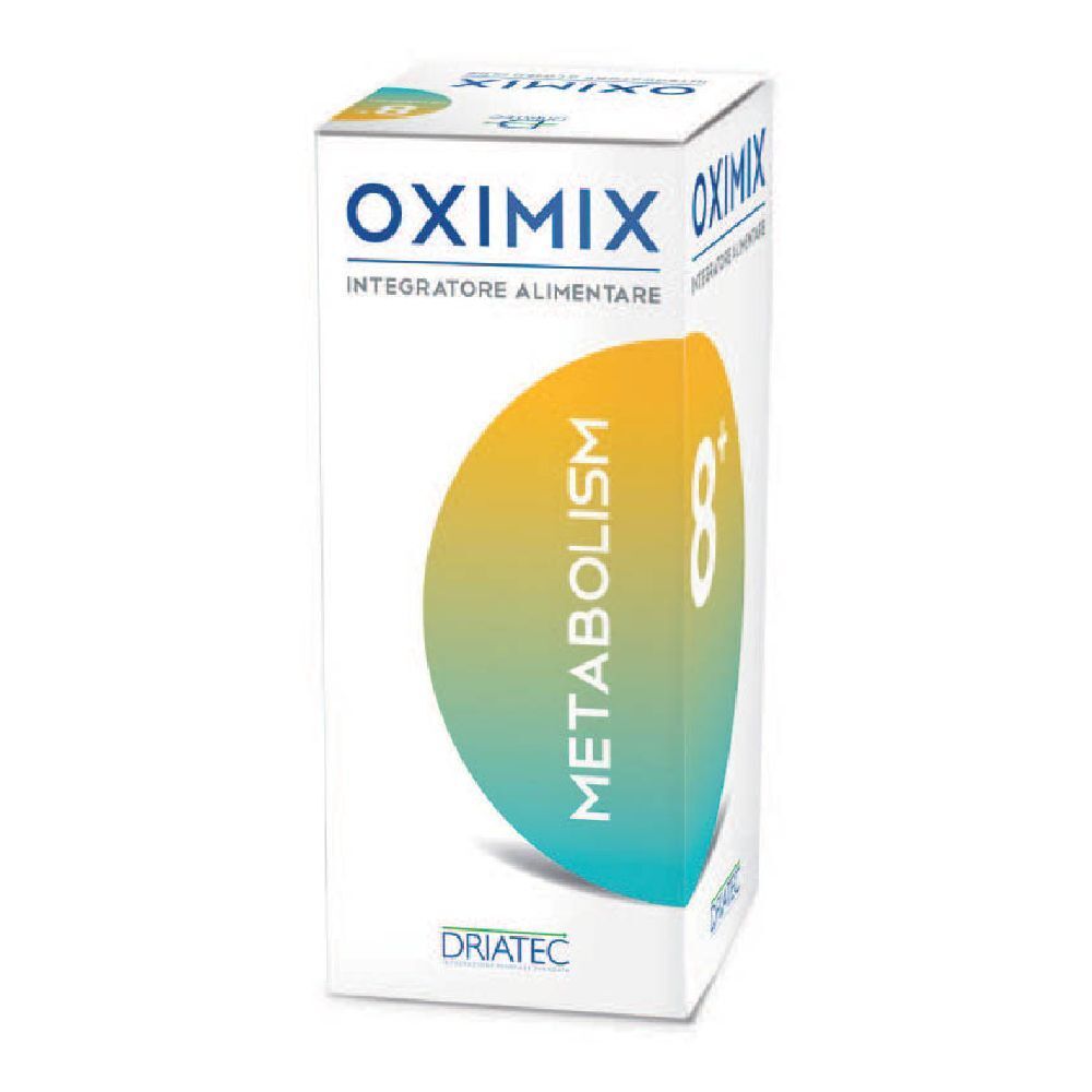 Confezione Oximix 8+ Metabolism. Scatola bianca con nome e logo del prodotto. Grafica blu, gialla e verde.