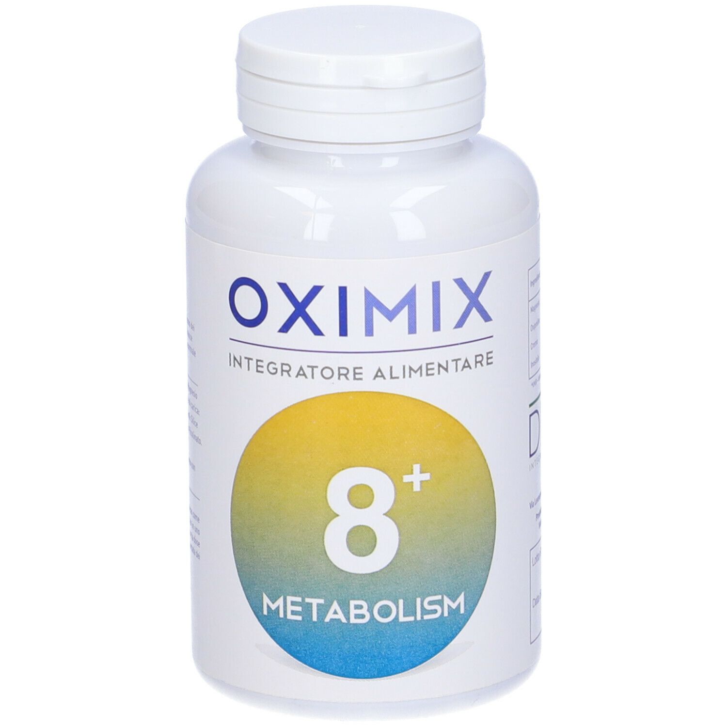Flacone Oximix 8+ Metabolism. Bottiglia bianca con tappo a vite. Nome e logo del prodotto sull'etichetta.