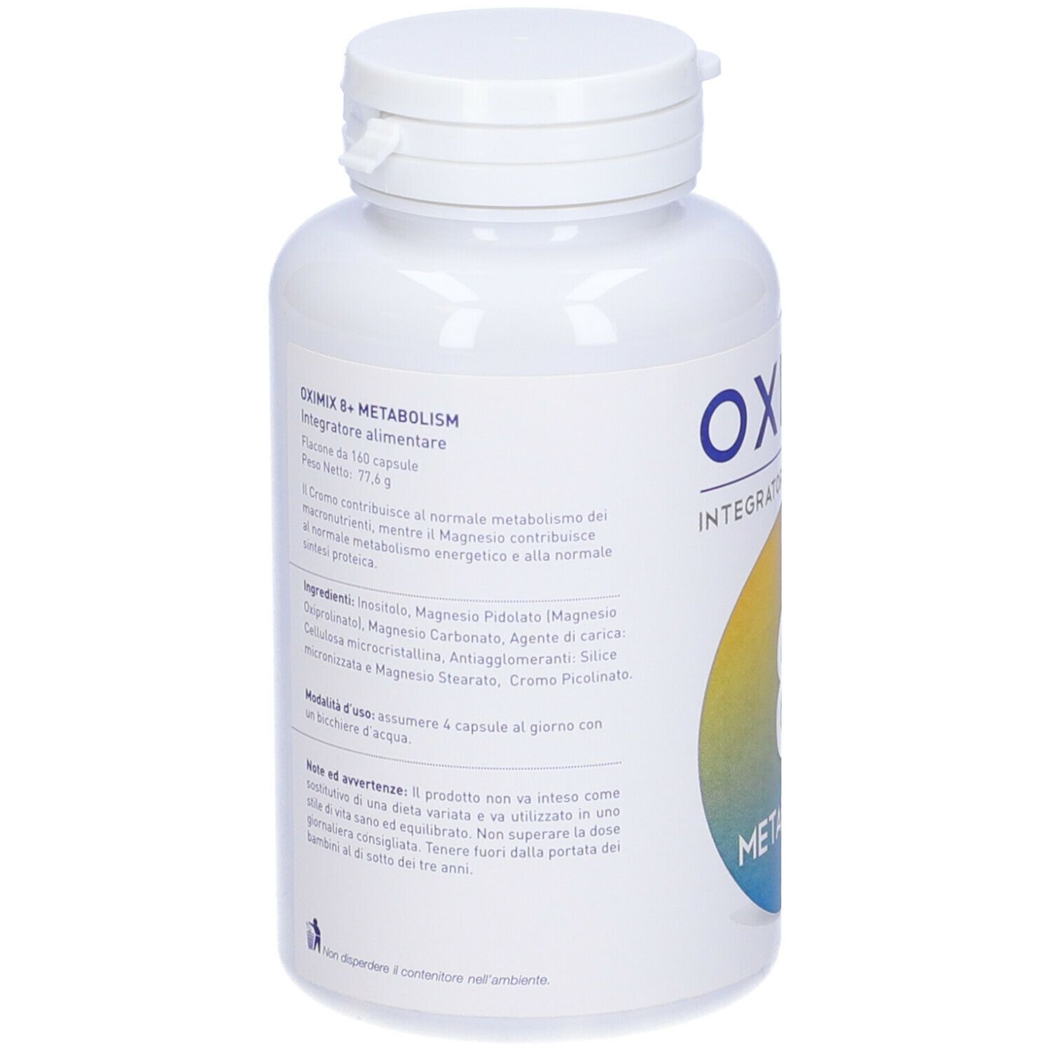 Flacone Oximix 8+ Metabolism. Bottiglia bianca con tappo a vite. Retro con informazioni e ingredienti del prodotto.