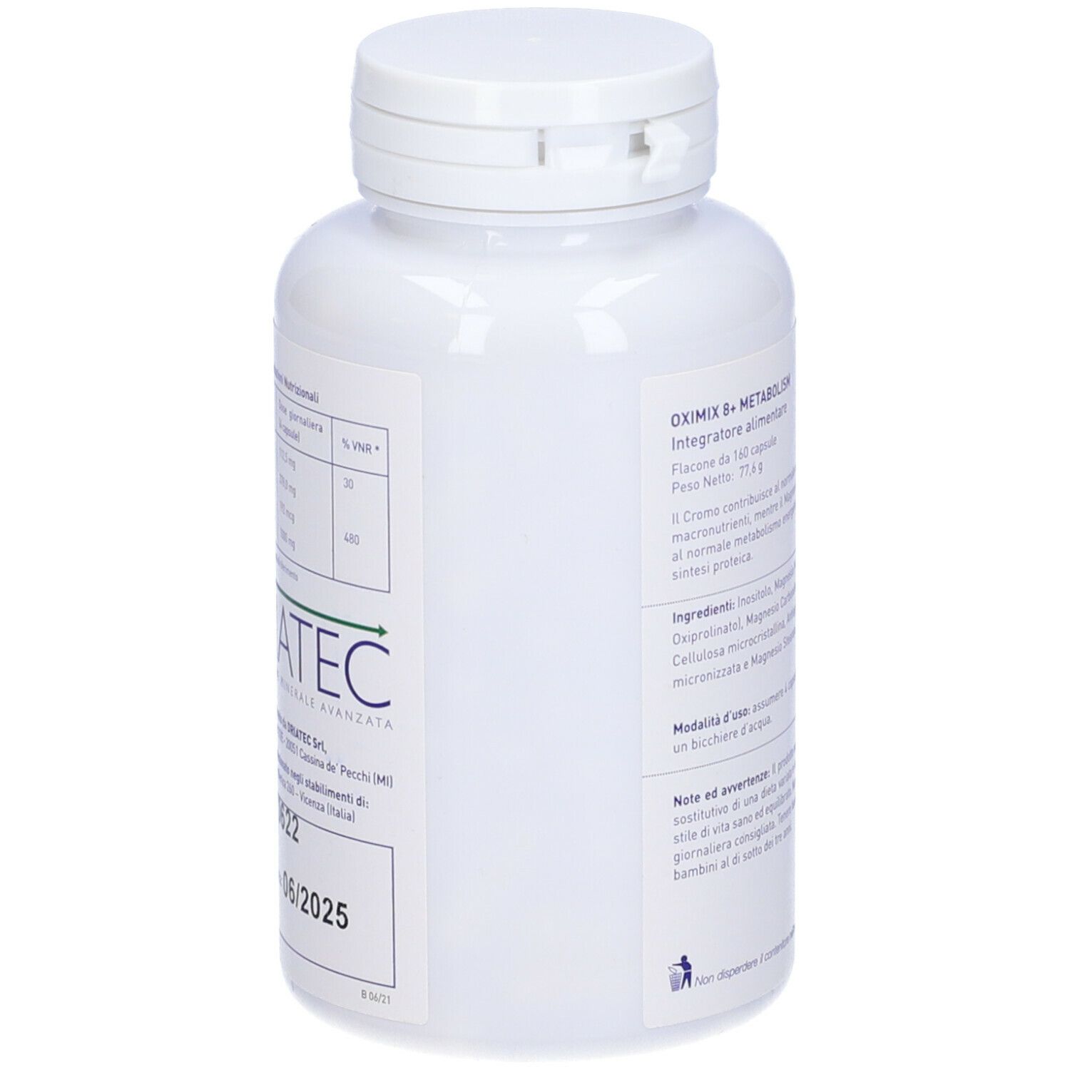 Flacone Oximix 8+ Metabolism. Bottiglia bianca con tappo a vite. Retro con informazioni e ingredienti del prodotto.
