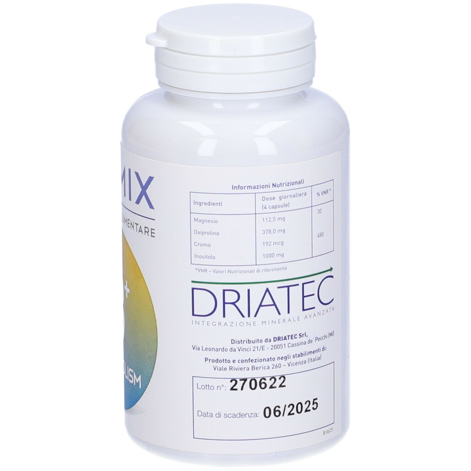 Flacone Oximix 8+ Metabolism. Bottiglia bianca con tappo a vite. Retro con informazioni e ingredienti del prodotto.