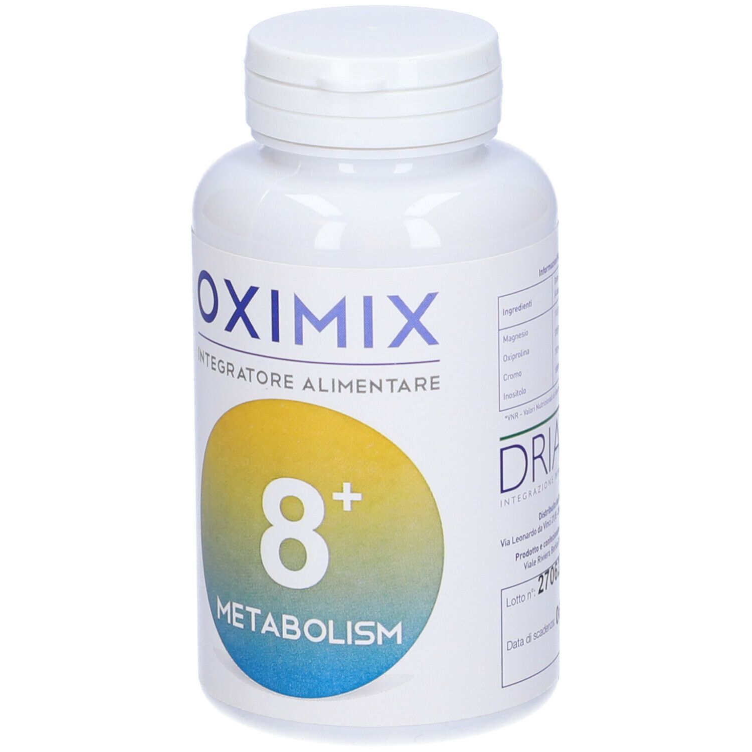 Flacone Oximix 8+ Metabolism. Bottiglia bianca con tappo a vite. Parte anteriore con informazioni sul prodotto.