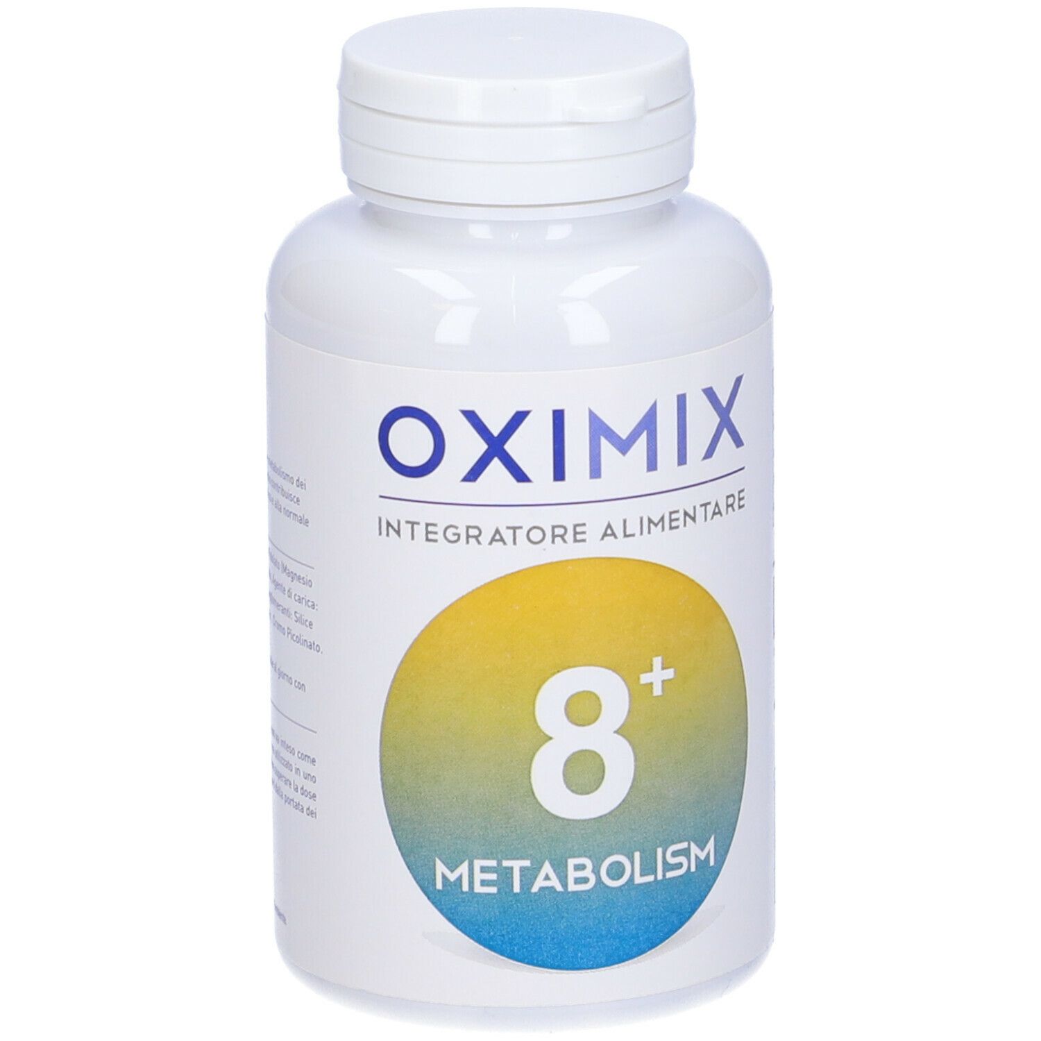 Flacone Oximix 8+ Metabolism. Bottiglia bianca con tappo a vite. Parte anteriore con informazioni sul prodotto.