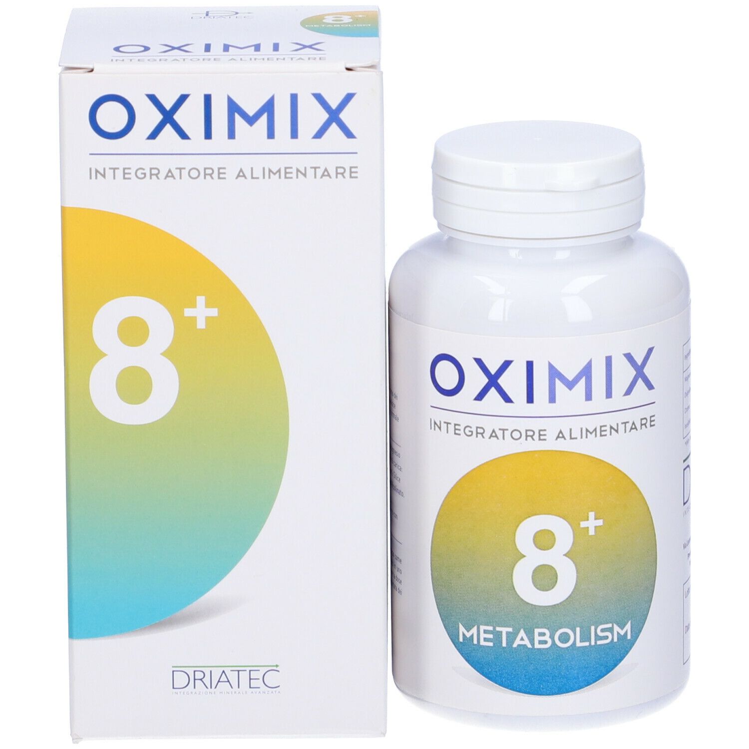 Flacone e confezione Oximix 8+ Metabolism. Bottiglia e scatola bianche. Nome e logo del prodotto visibili.