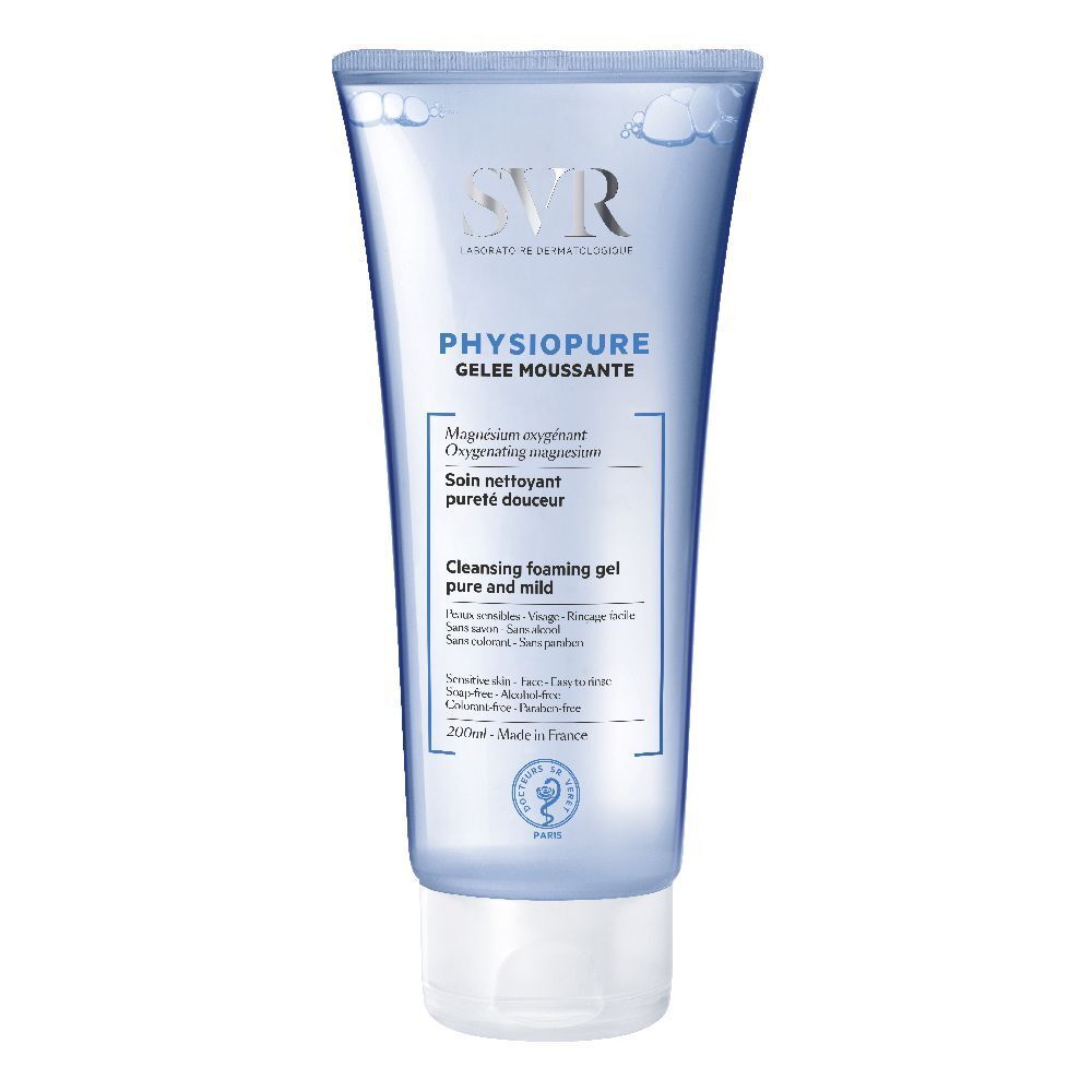 Tubo blu trasparente. SVR Physiopure Gelée Moussante. Testo in francese e inglese. 200ml.