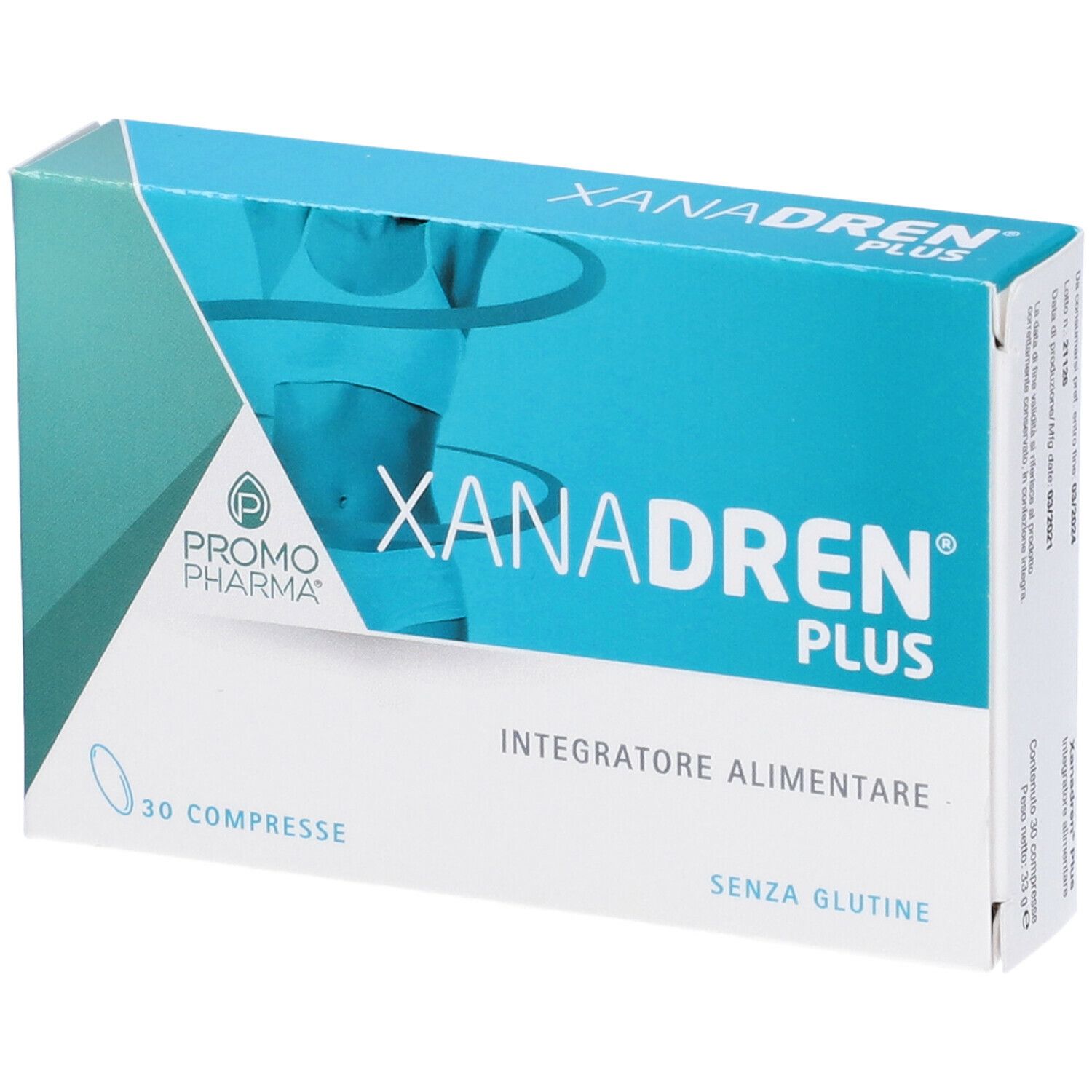 Scatola Xanadren Plus. Scritto: 30 compresse, senza glutine. Logo Promo Pharma.