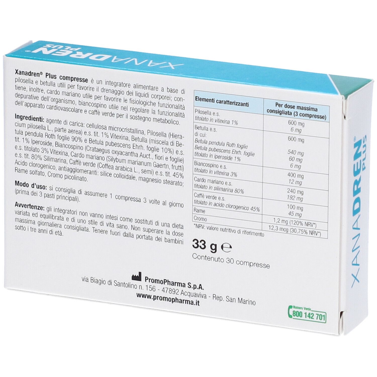 Retro scatola Xanadren Plus. Testo con ingredienti e informazioni nutrizionali.