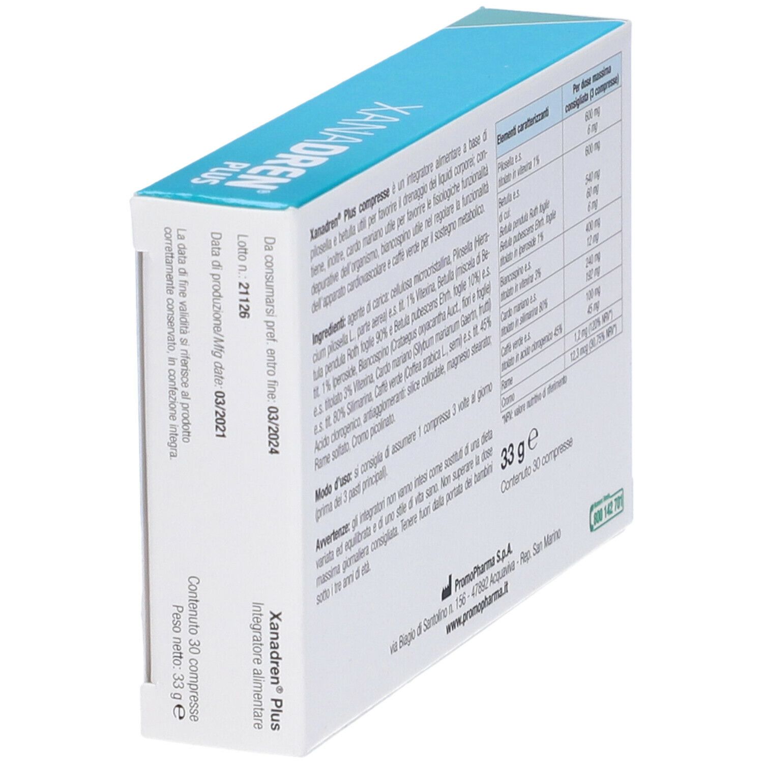 Retro scatola Xanadren Plus. Testo con ingredienti e informazioni nutrizionali.