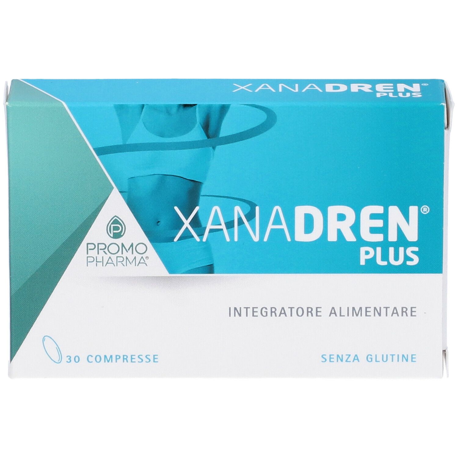 Scatola Xanadren Plus. Scritto: 30 compresse, senza glutine. Logo Promo Pharma.