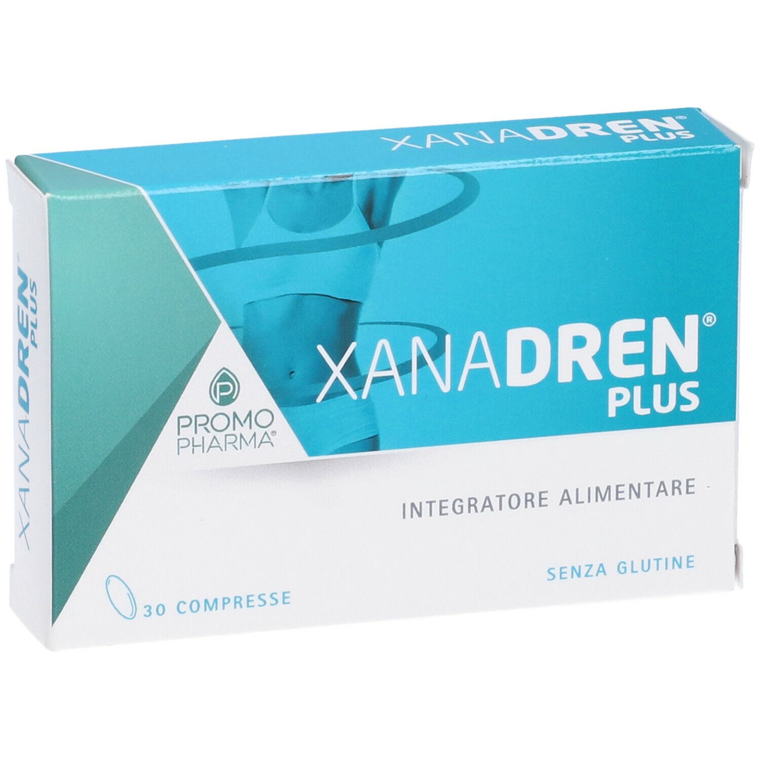 Scatola Xanadren Plus. Scritto: 30 compresse, senza glutine. Logo Promo Pharma.