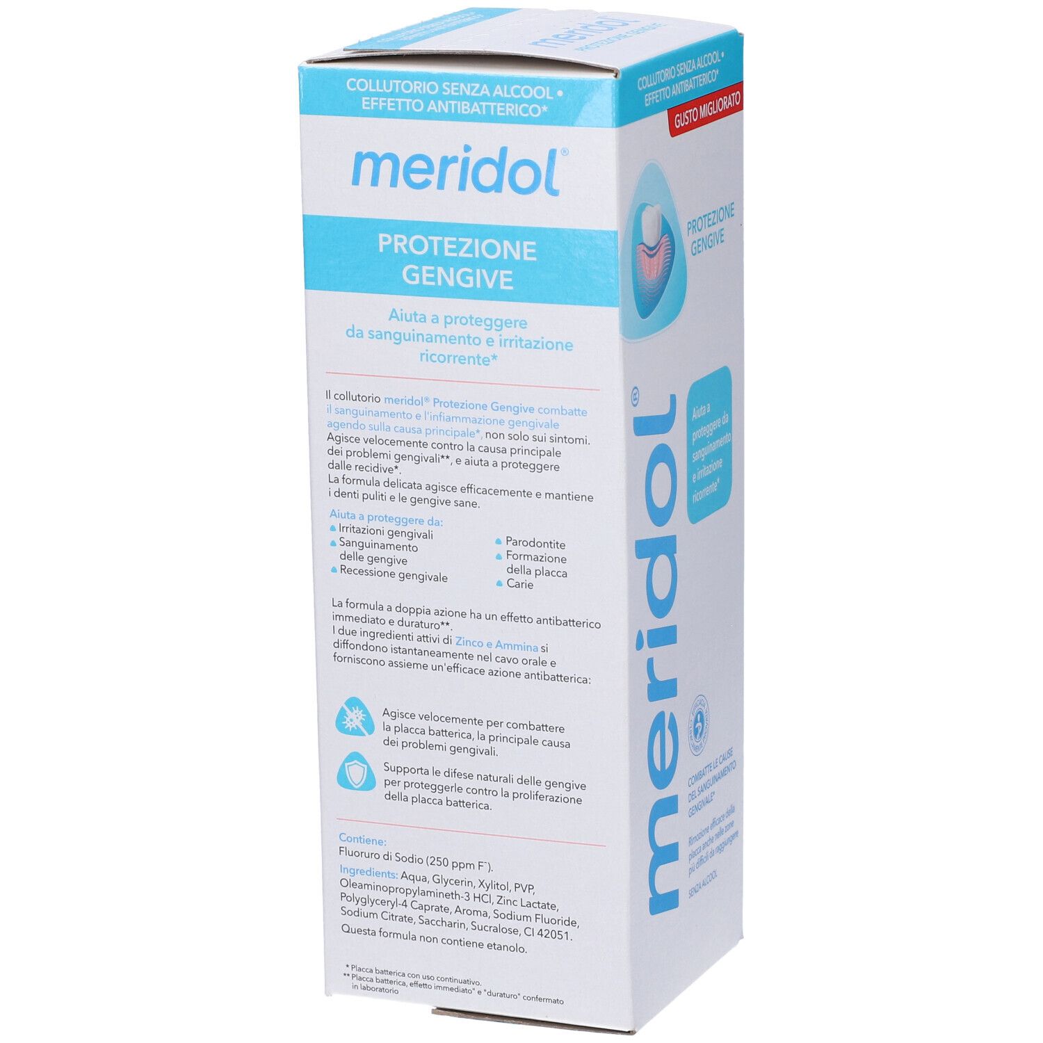 Meridol collutorio protezione gengive. Confezione con informazioni e logo.