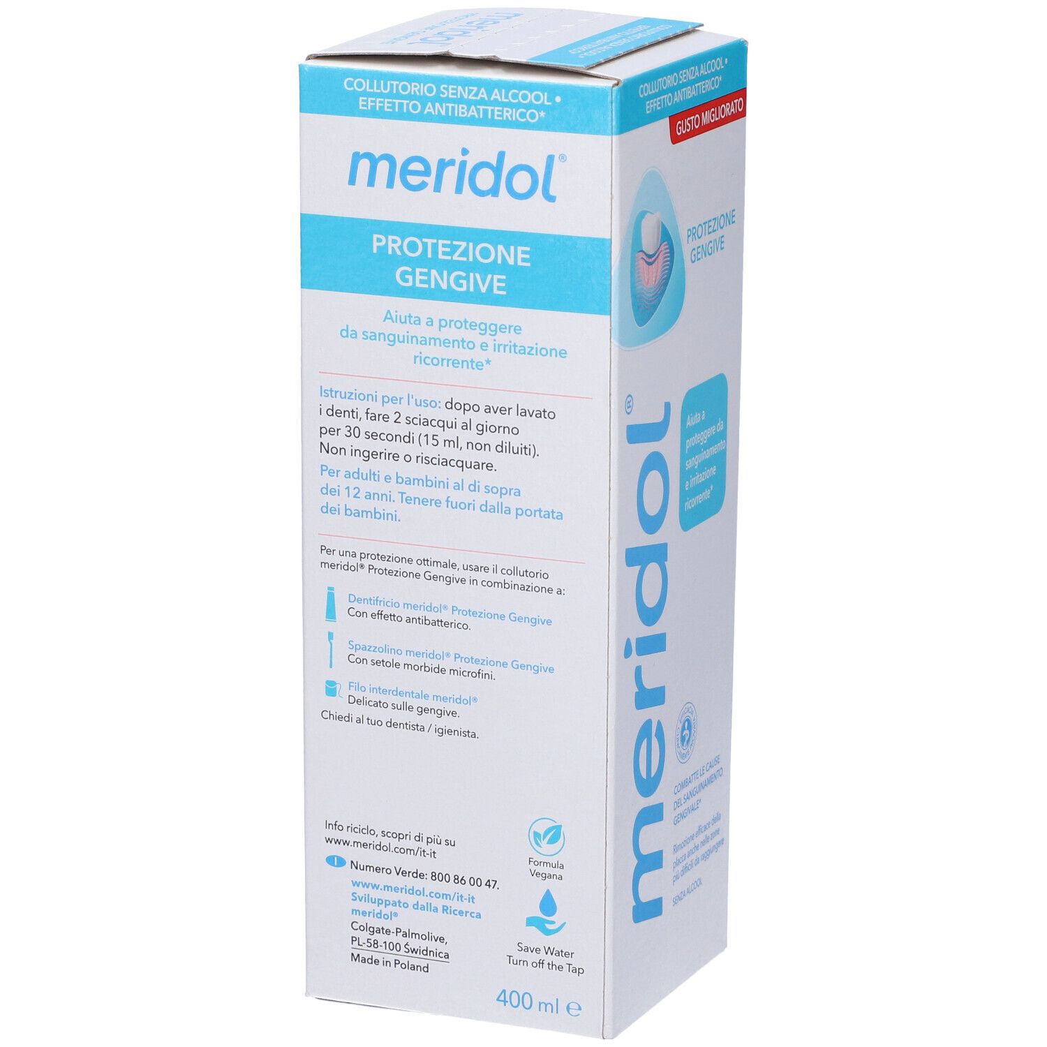 Meridol collutorio protezione gengive. Confezione con informazioni e logo.