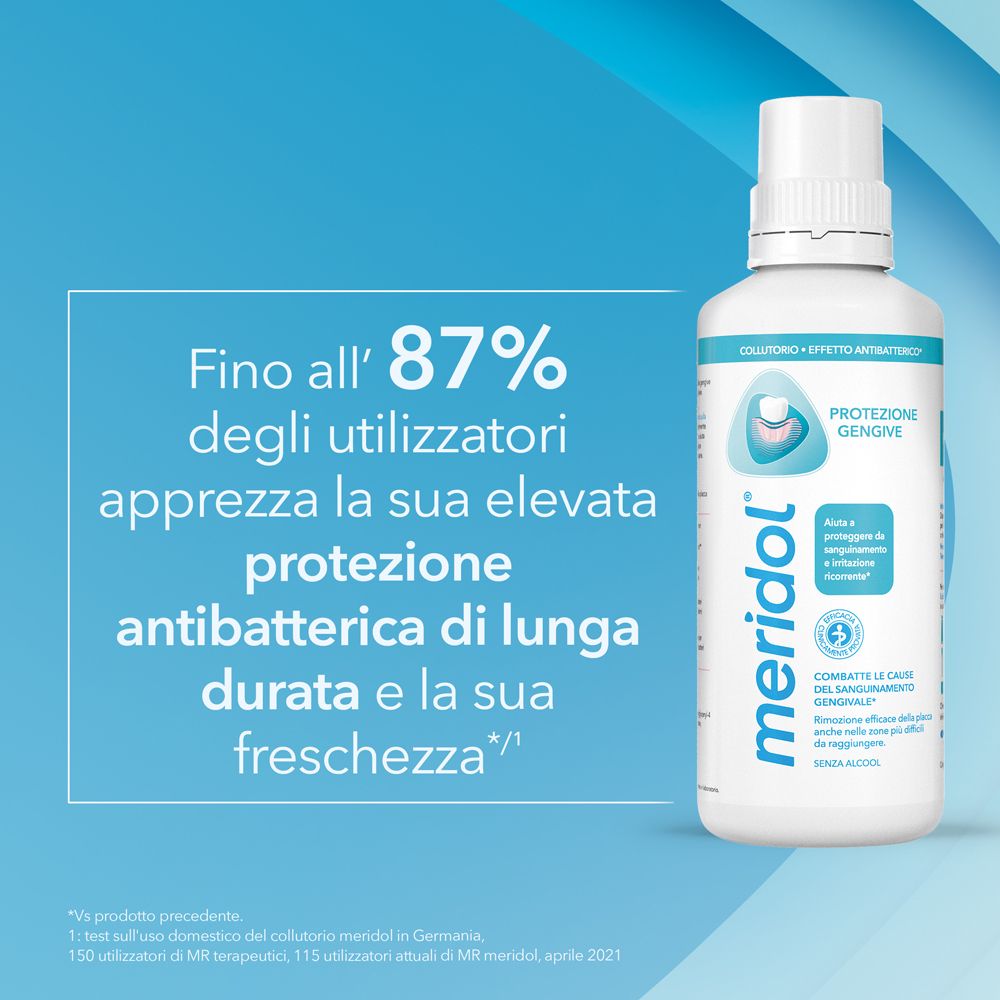 Bottiglia di collutorio Meridol. Testo: 'Fino all'87% degli utenti apprezzano la protezione antibatterica'.