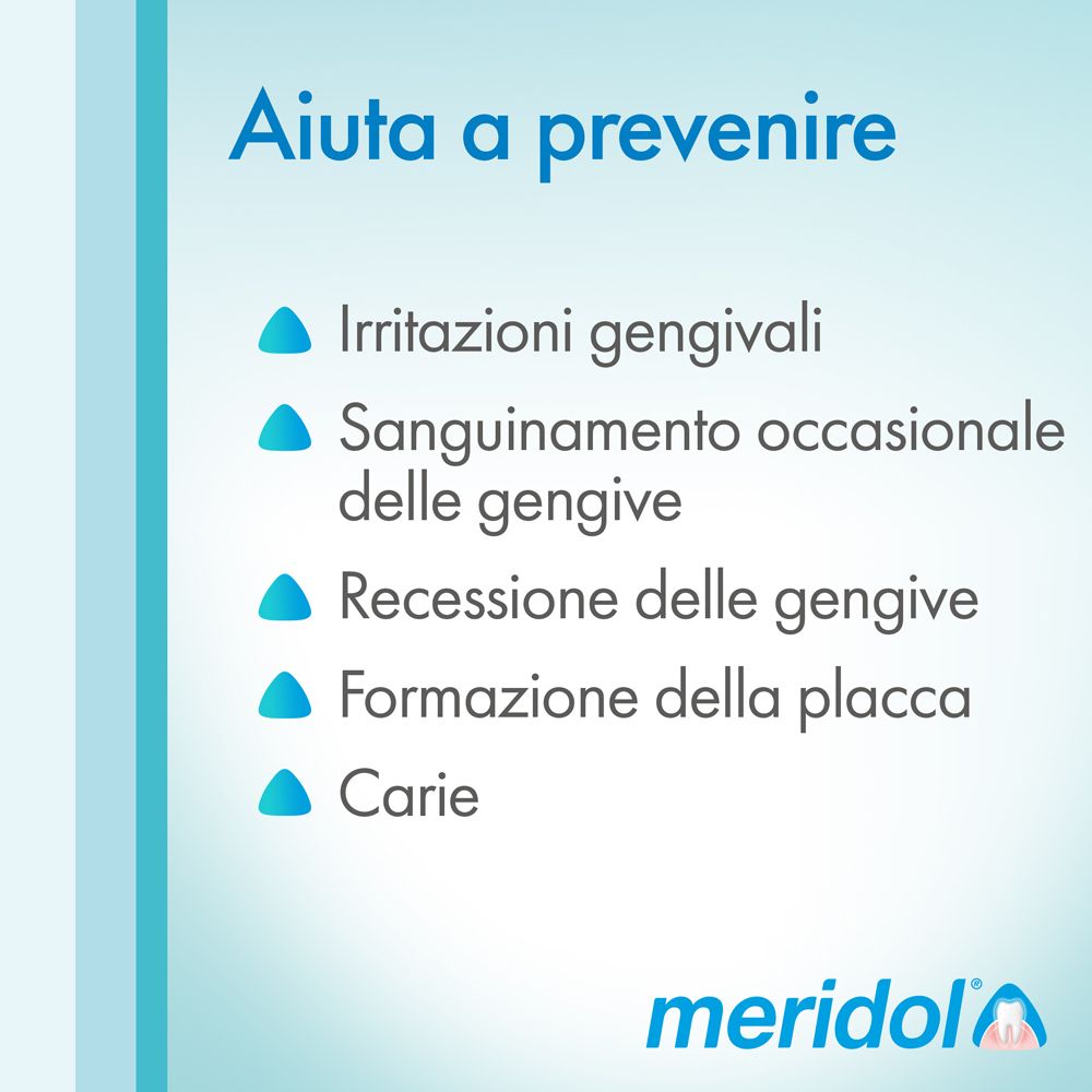 Testo: 'Aiuta a prevenire irritazioni, sanguinamento gengivale, recessione gengivale, formazione placca e carie'.