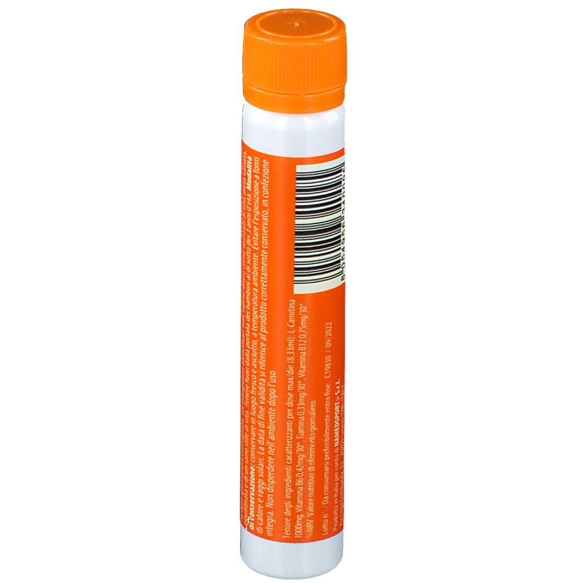 Ampulle mit flüssigem Nahrungsergänzungsmittel. Rückseite mit Inhaltsstoffen und Nährwertangaben. Orangefarbener Deckel, weißer Körper.