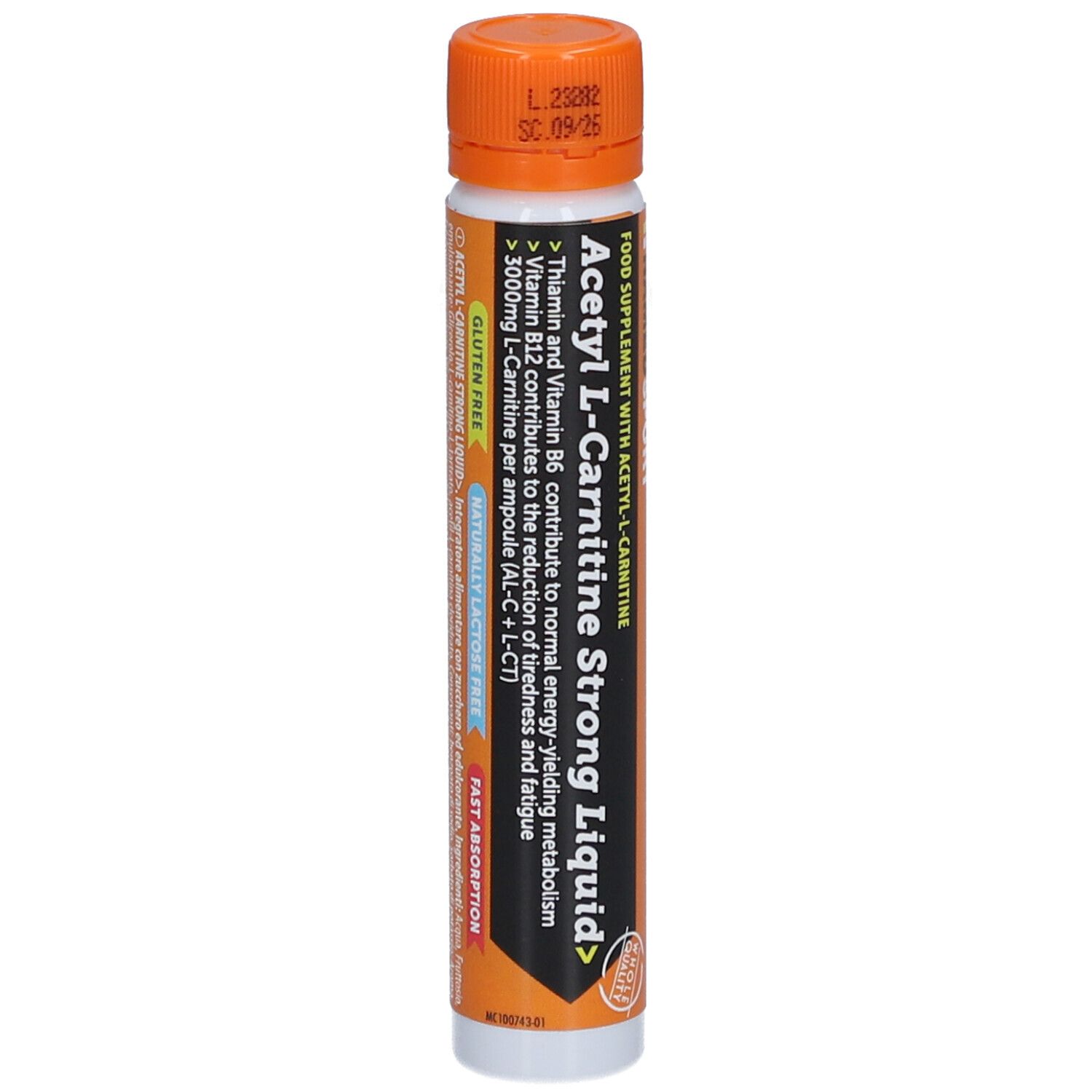Ampulle mit flüssigem Nahrungsergänzungsmittel. Orangefarbener Deckel, weißer Körper mit Text. Enthält Acetyl L-Carnitin. Glutenfrei.