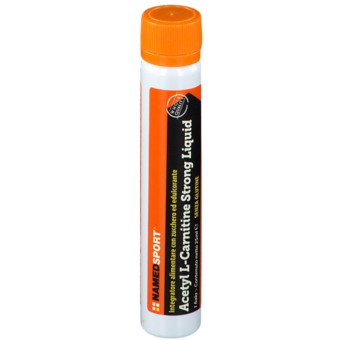 Ampulle mit flüssigem Nahrungsergänzungsmittel. Orangefarbener Deckel, weißer Körper mit orangefarbenen und schwarzen Details. Text: Acetyl L-Carnitin Strong Liquid.