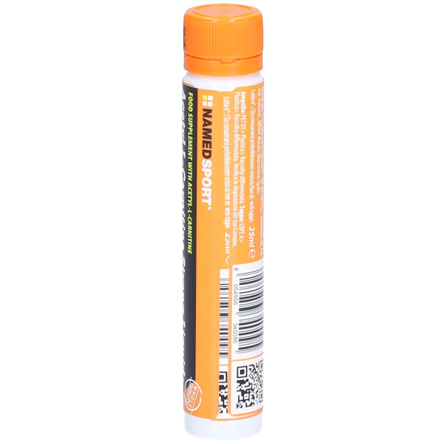 Ampulle mit flüssigem Nahrungsergänzungsmittel. Rückseite mit Text und Barcode. Orangefarbener Deckel, weißer Körper mit orangefarbenen Details.