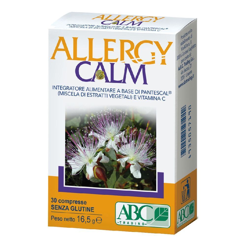 Scatola "ALLERGY CALM". Contiene 30 compresse, senza glutine. Logo ABC Trading.