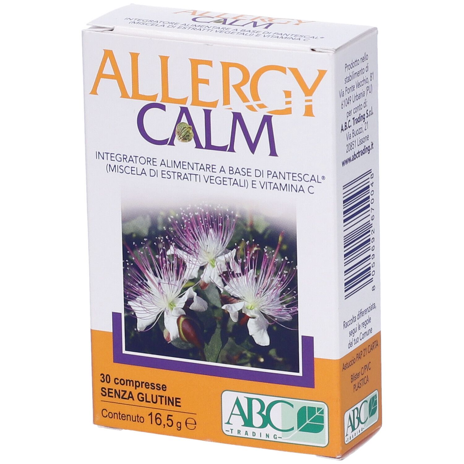 Scatola "ALLERGY CALM" con motivo floreale. Contiene 30 compresse, senza glutine. Logo ABC Trading.