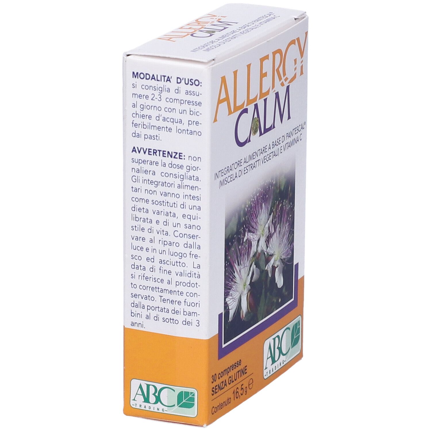 Scatola "ALLERGY CALM" vista laterale. Contiene 30 compresse, senza glutine. Logo ABC Trading.