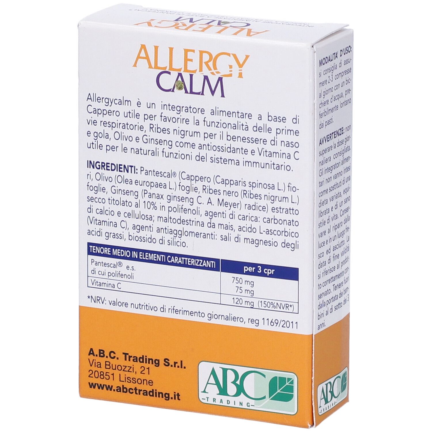 Scatola "ALLERGY CALM" con informazioni. Contiene 30 compresse, senza glutine. Logo ABC Trading.