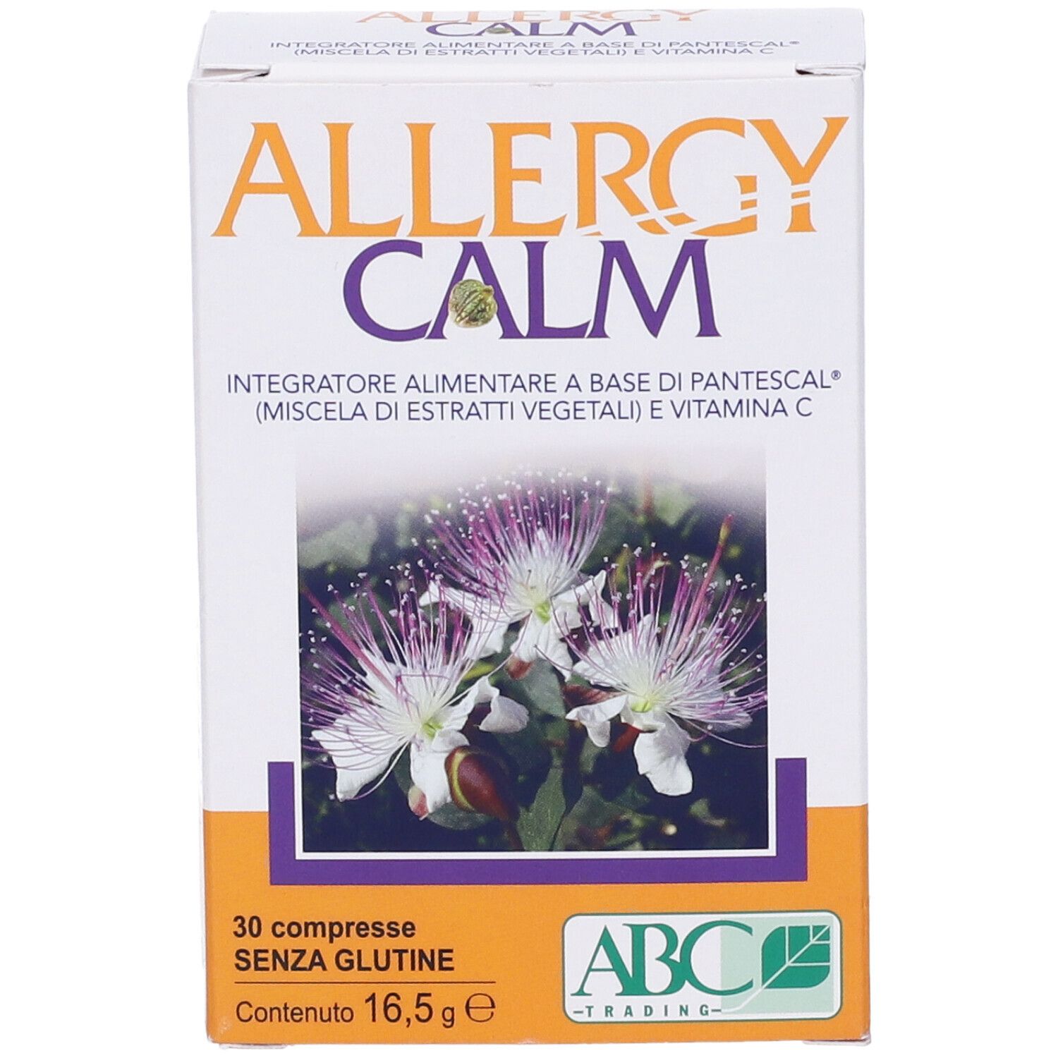 Scatola "ALLERGY CALM" con motivo floreale. Contiene 30 compresse, senza glutine. Logo ABC Trading.