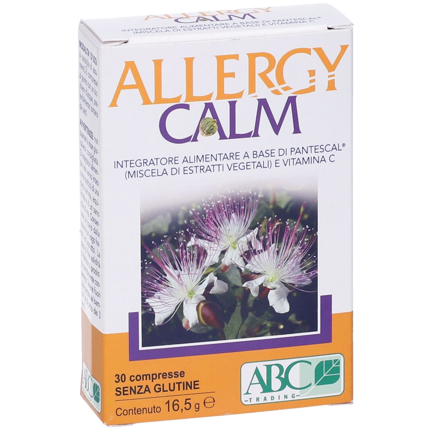 Scatola "ALLERGY CALM" con motivo floreale. Contiene 30 compresse, senza glutine. Logo ABC Trading.