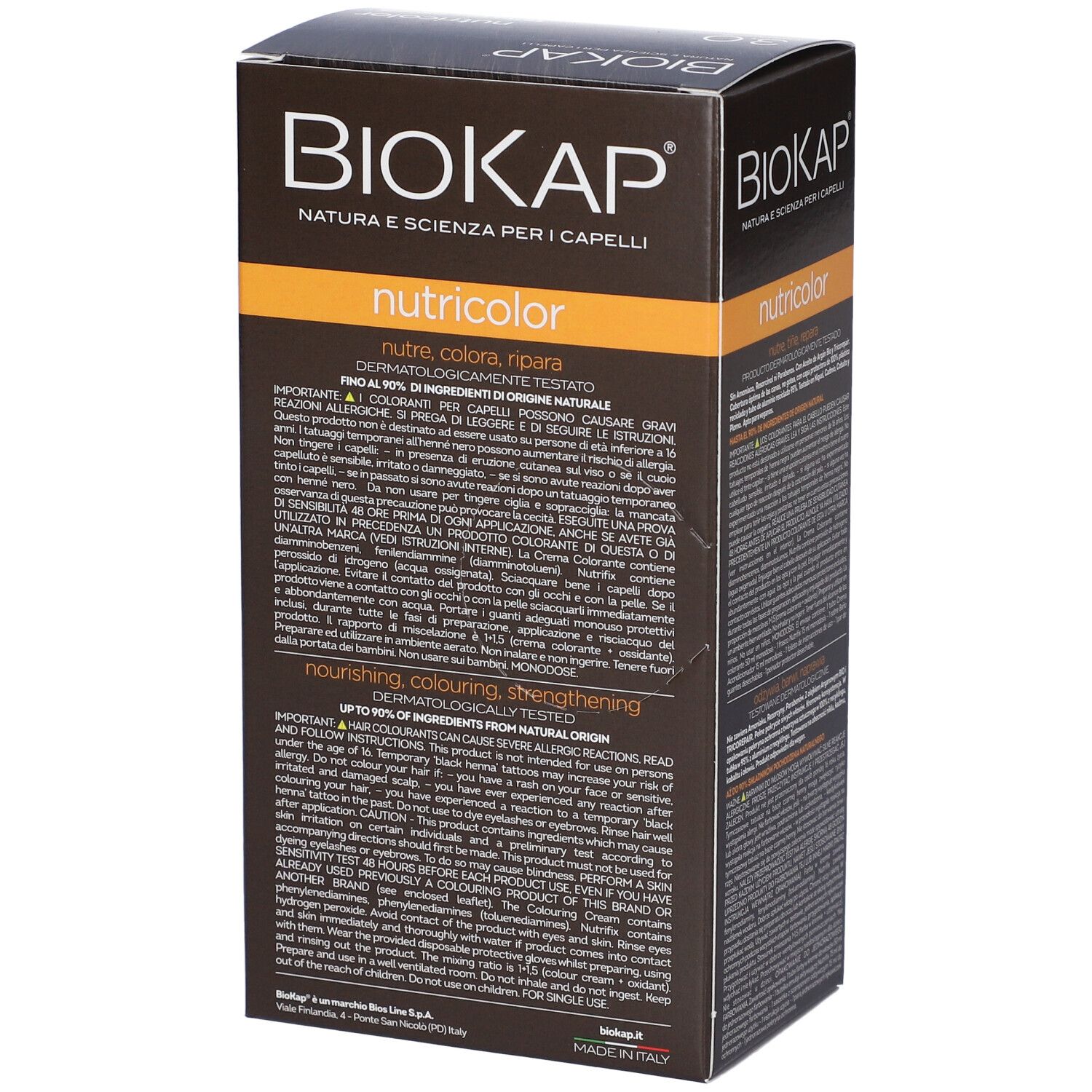 Biokap Nutricolor Haarfärbemittel-Verpackung in Schwarz und Orange.