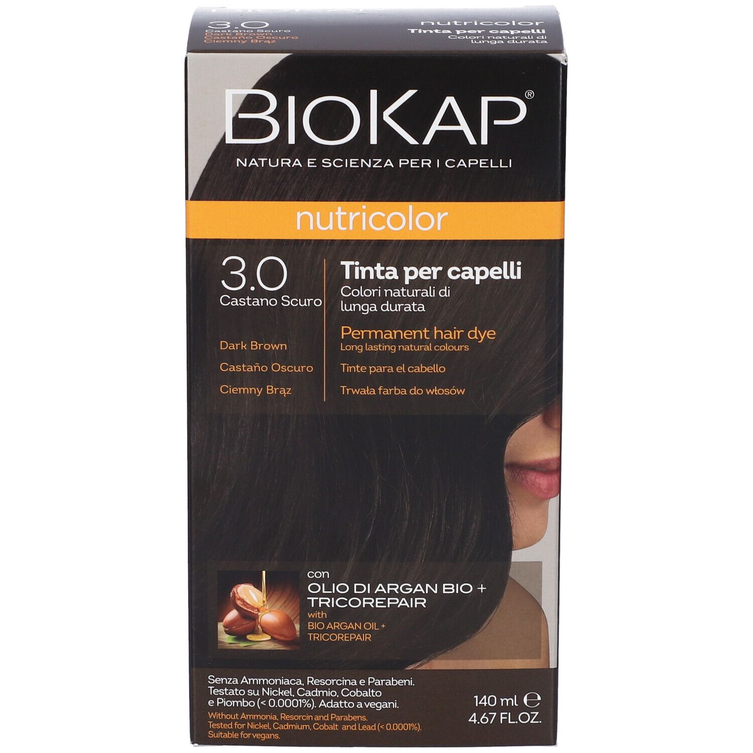 Biokap Nutricolor permanente Haarfarbe, Dunkelbraun 3.0, mit Arganöl.