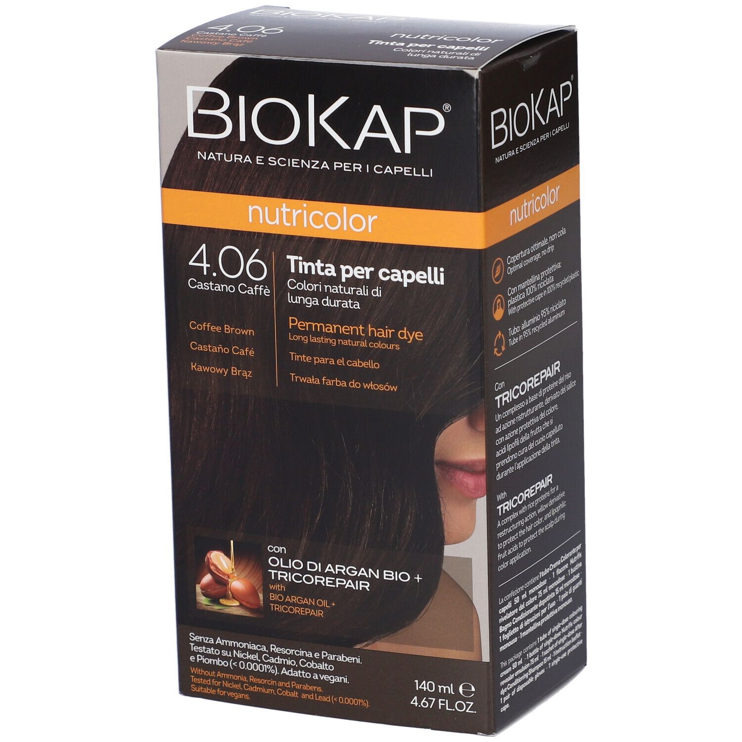 Biokap Nutricolor 4.06 Tinta per capelli Castano Caffè permanente.