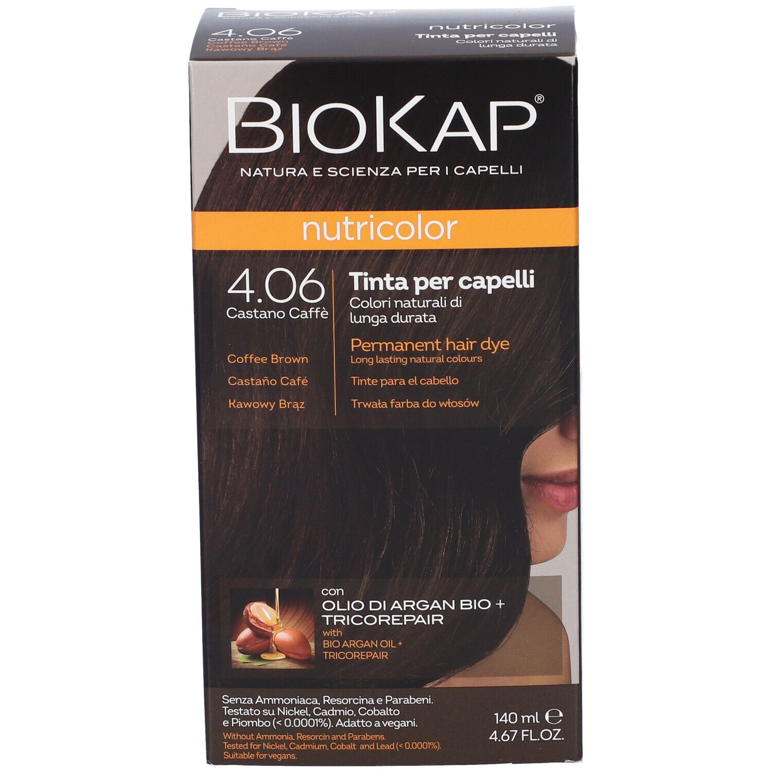 Biokap Nutricolor 4.06 Kaffee Braun permanente Haarfarbe, 140ml.