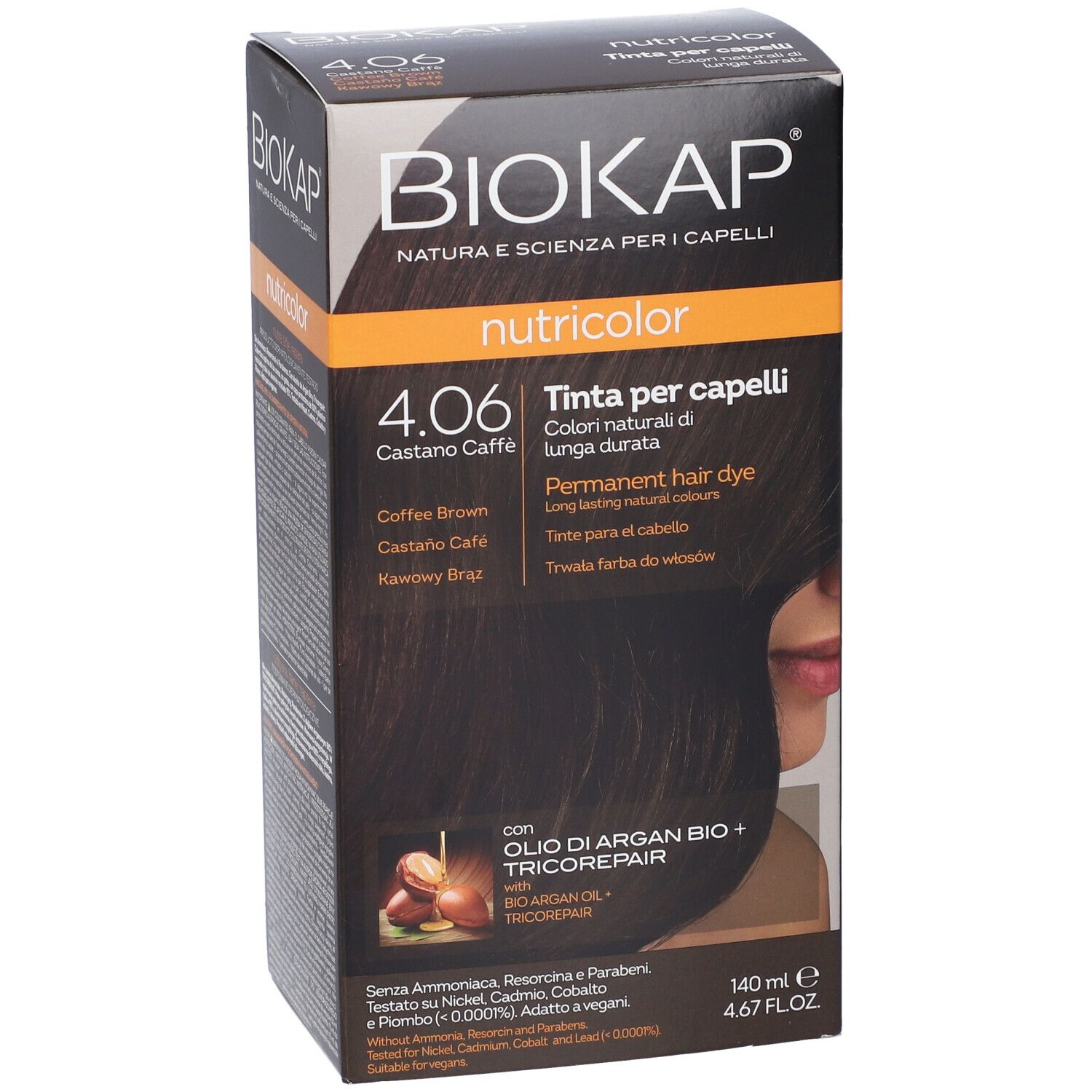 Biokap Nutricolor 4.06 Castano Caffè permanente Haarfarbe, mit Arganöl und Tricorepair.