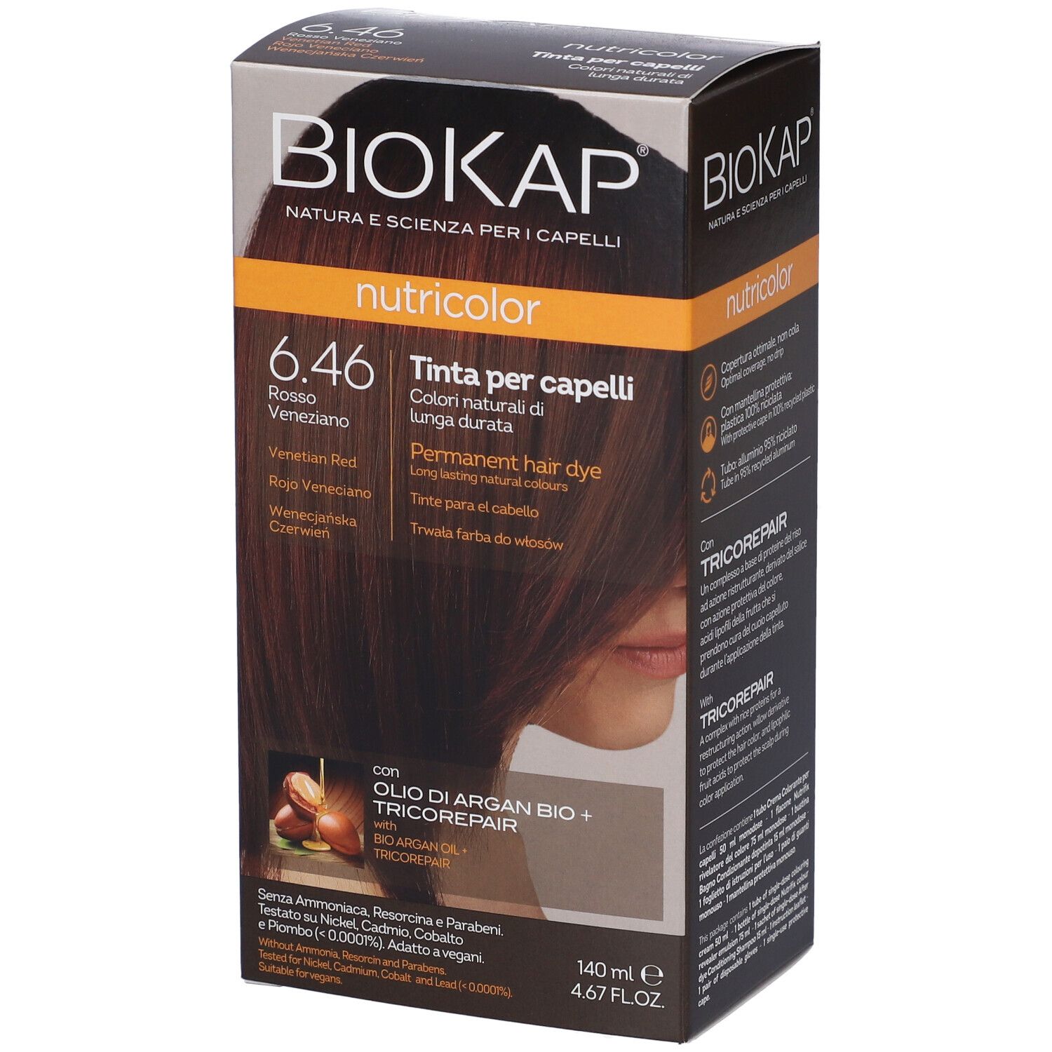 Packung BIOCAP Nutricolor permanente Haarfarbe, Farbton 6.46 Rosso Veneziano.