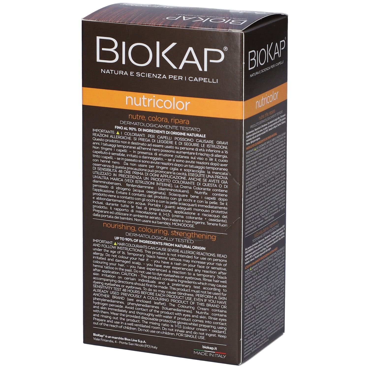 Biokap Nutricolor Haarfarben-Verpackung. Informationen auf Deutsch und Englisch. Für die Haare.