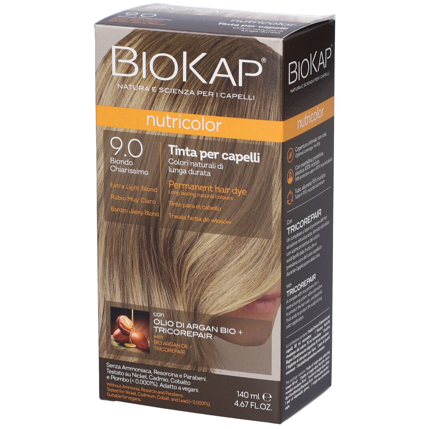 Biokap Nutricolor Haarfarbe 9.0 Extra Hellblond. Kartonverpackung mit Arganöl und Tricorepair.