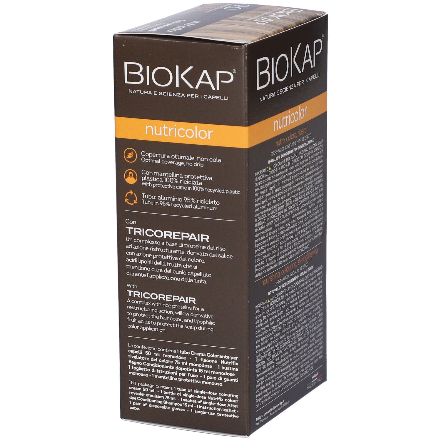 Biokap Nutricolor Haarfärbung in brauner Verpackung mit Produktinformationen und Tricorepair-Details.