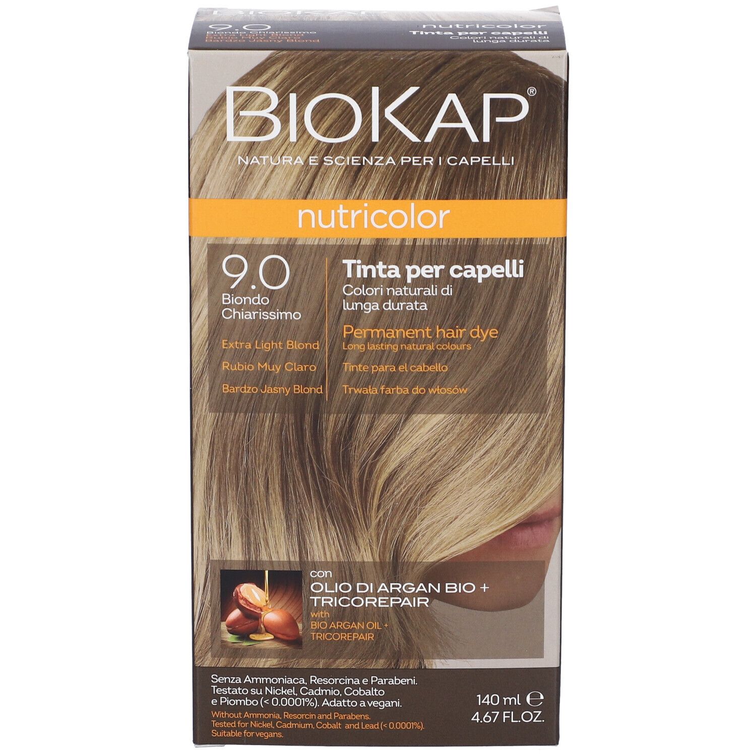 Biokap Nutricolor 9.0 Extra Hellblond Haarfarbe. Kartonverpackung mit Bild einer Frau mit blondem Haar.
