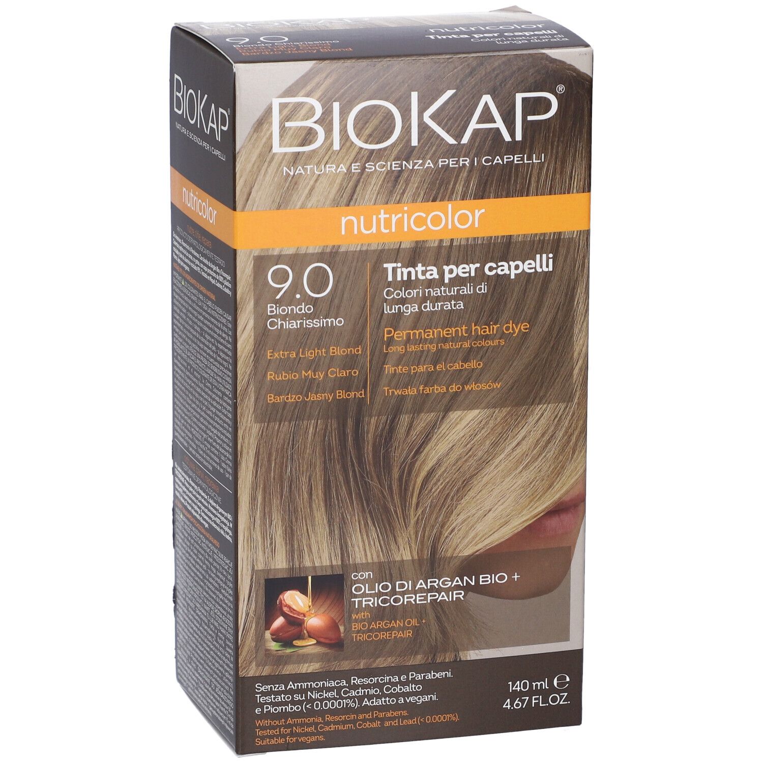 Biokap Nutricolor Haarfarbe 7.0 Blond. Kartonverpackung mit Arganöl und Tricorepair.