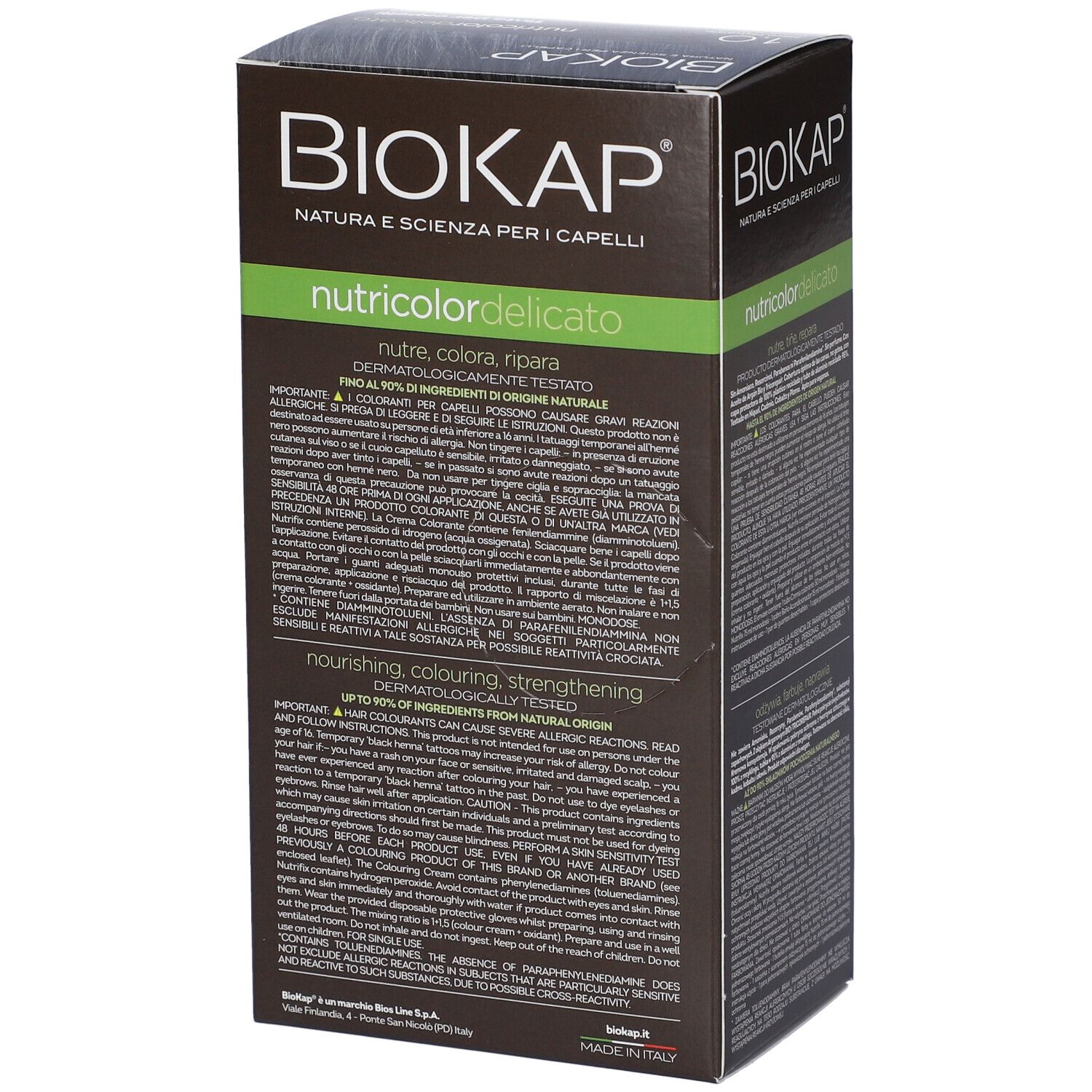 Biokap Nutricolor Delicato Haarfärbeverpackung, dermatologisch getestet.