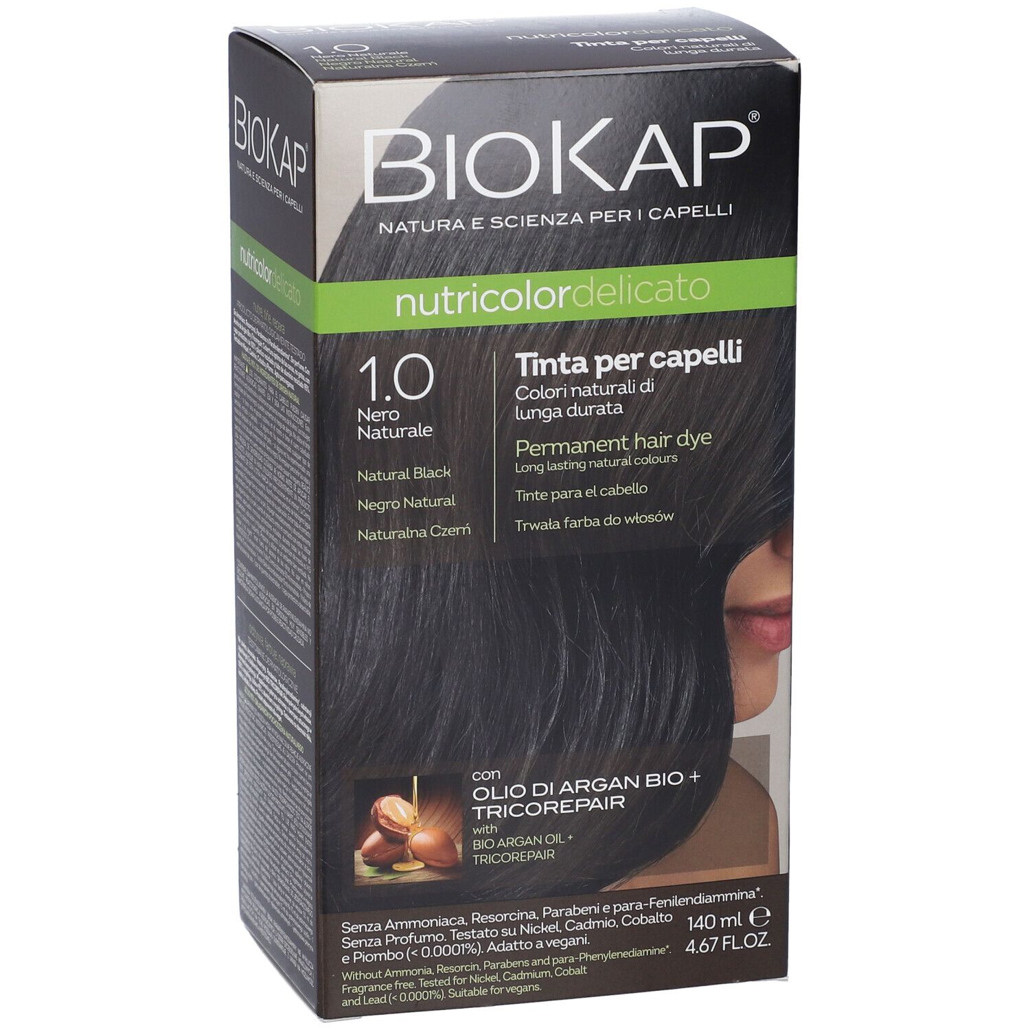 Biokap Nutricolor delicato 1.0 Nero Naturale permanente Haarfarbe, 140 ml.