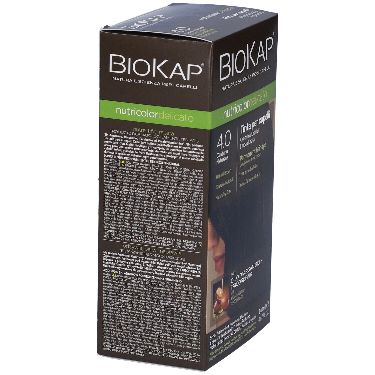 Braune Haarfärbemittel-Schachtel. Aufschrift: BioKap Nutricolor Delicato 4.0 Castano Naturale. Rückseite mit Text.